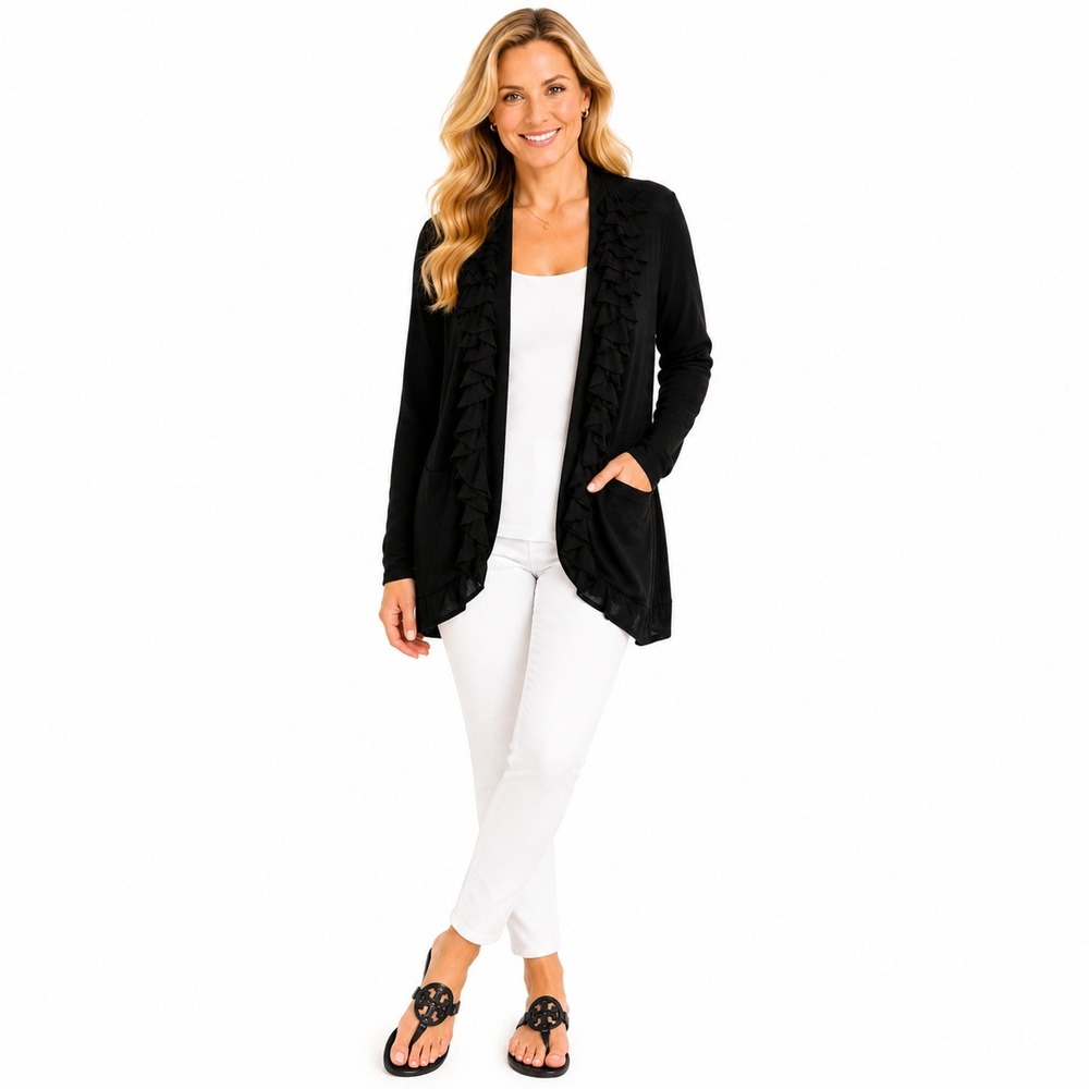 Line Cardigan Womens Small Black‎ Ruffle Front Modal Cashmere Open Knit Sweater